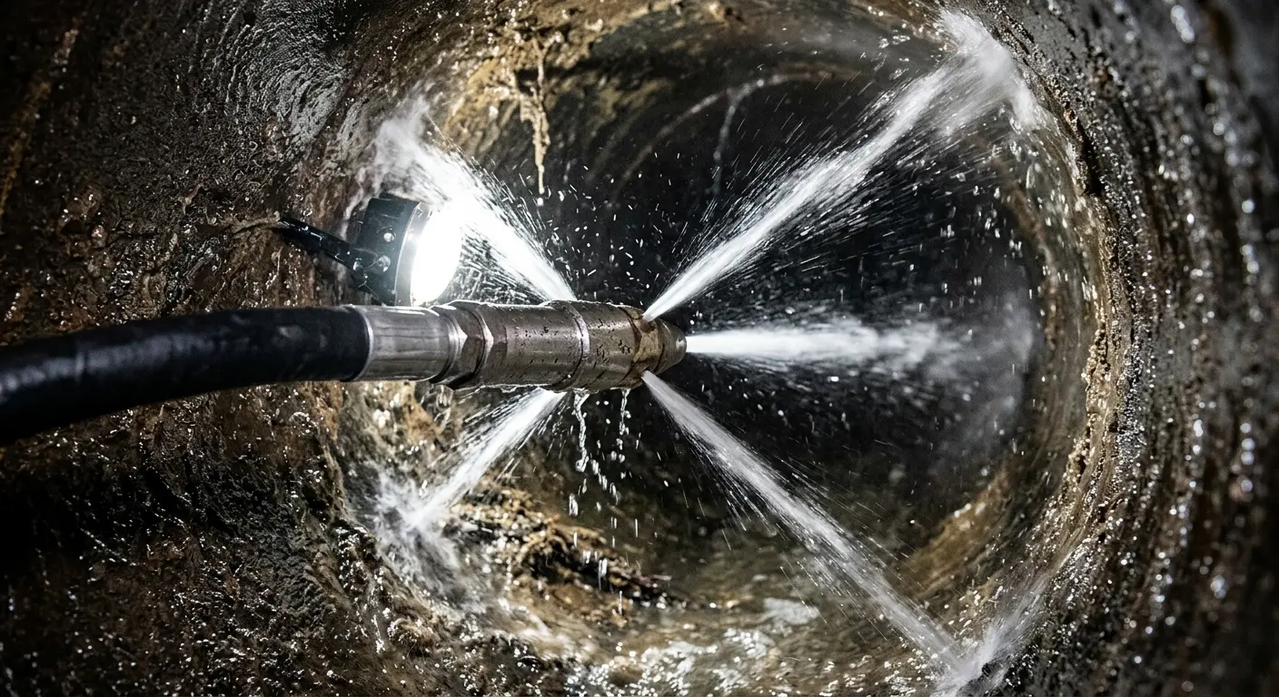 High-pressure hydro jetting nozzle cleaning sewer pipe for Sewer Cleanout in Union Beach