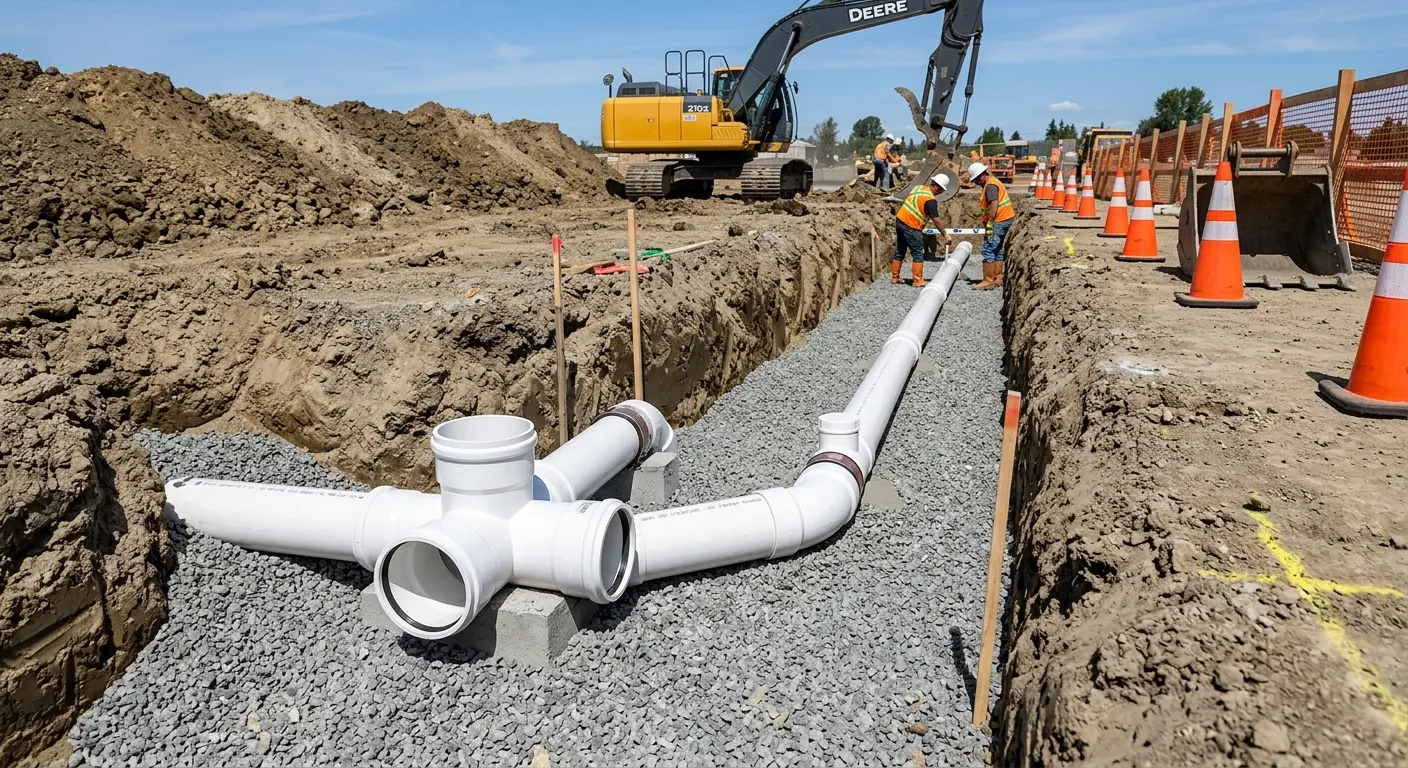 New PVC sewer pipe installation in open trench for Sewer Backup in Union Beach