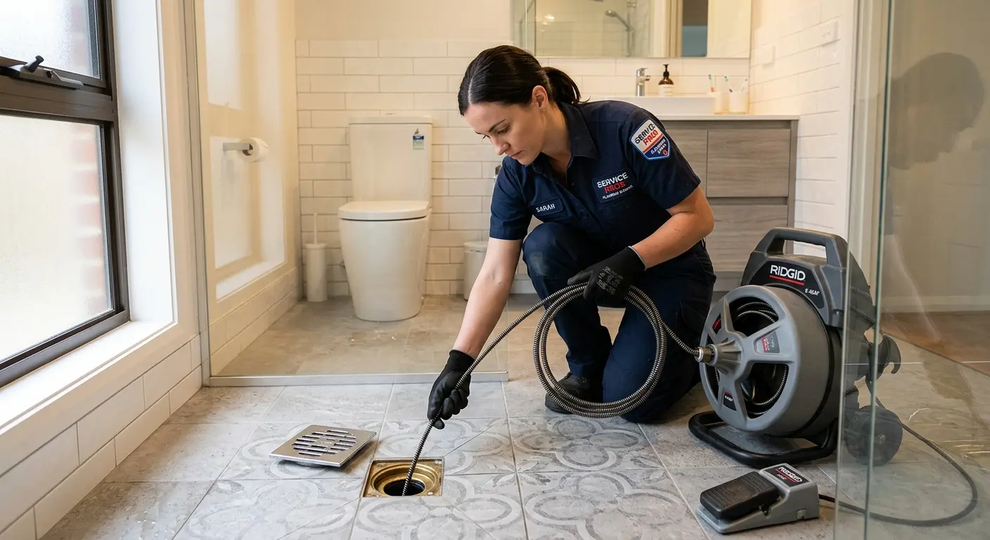 Technician clearing a bathroom floor drain for Drain Cleaning in Union Beach
